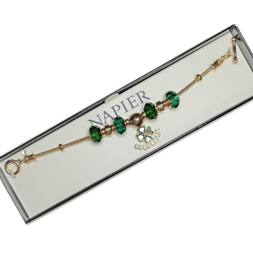 Napier Good Luck Charm Bracelet 7.5 in Green Four Leaf Clover St Patricks Day
